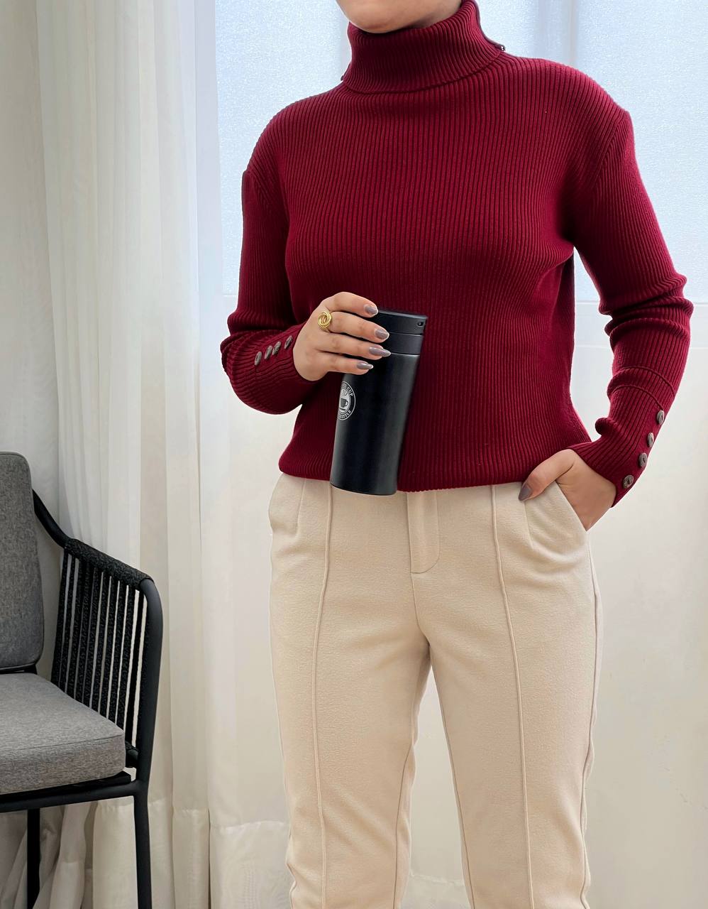 پلیور بافت یقه اسکی سرآستین دکمه کد 3272