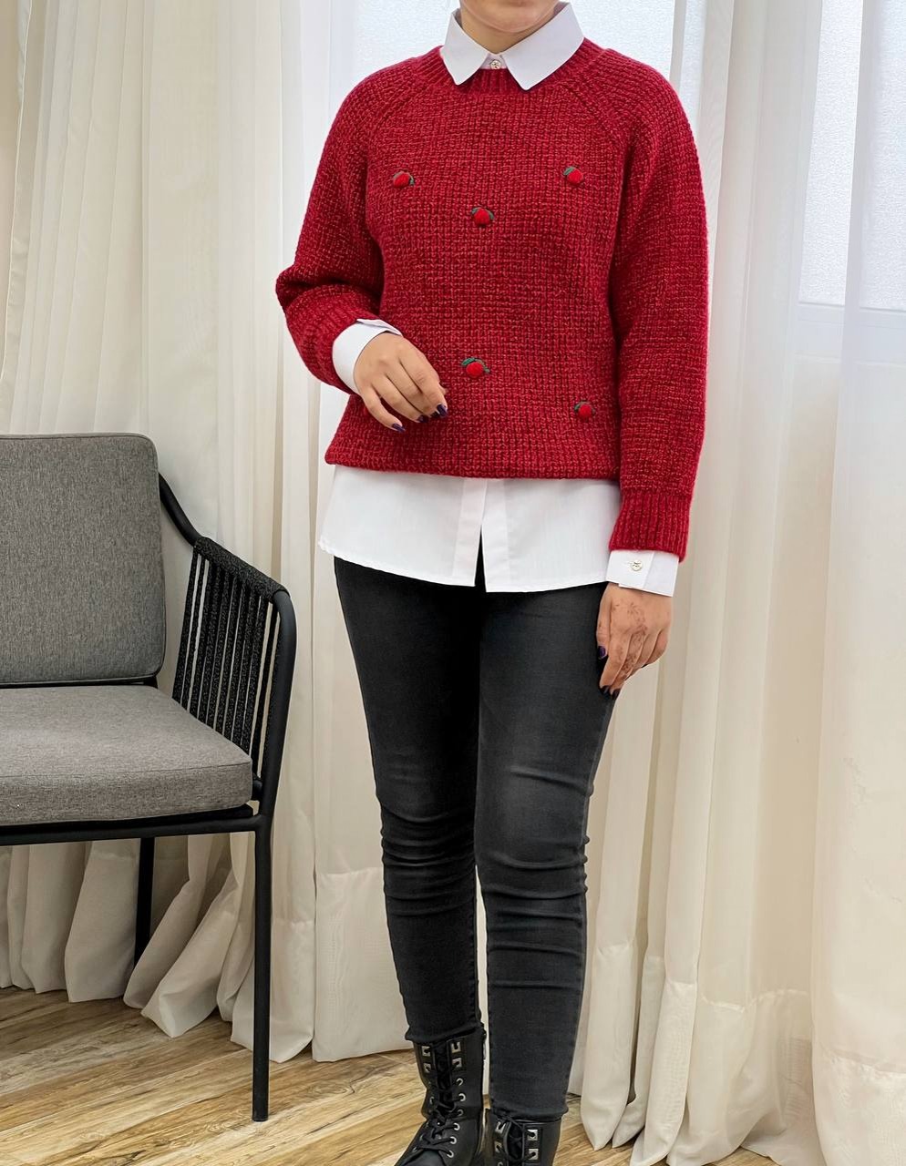 پلیور بافت آلبالو گل برجسته کد 3319