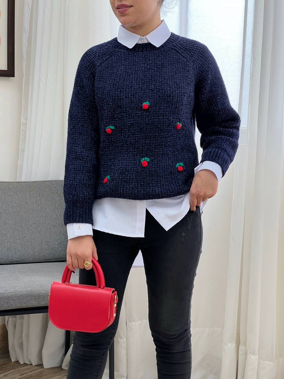 پلیور بافت آلبالو گل برجسته کد 3319