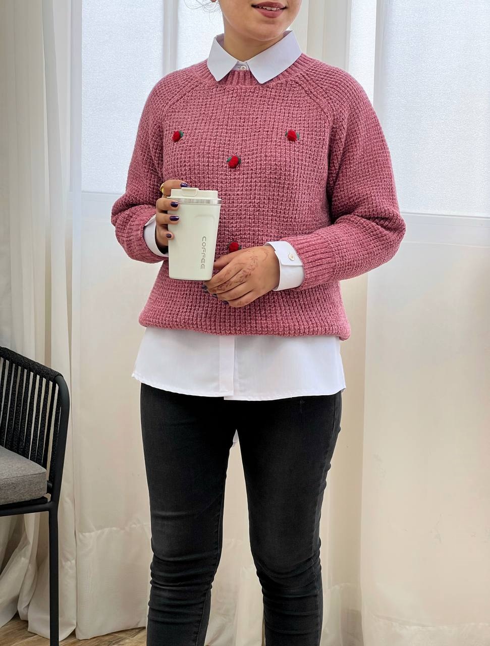 پلیور بافت آلبالو گل برجسته کد 3319