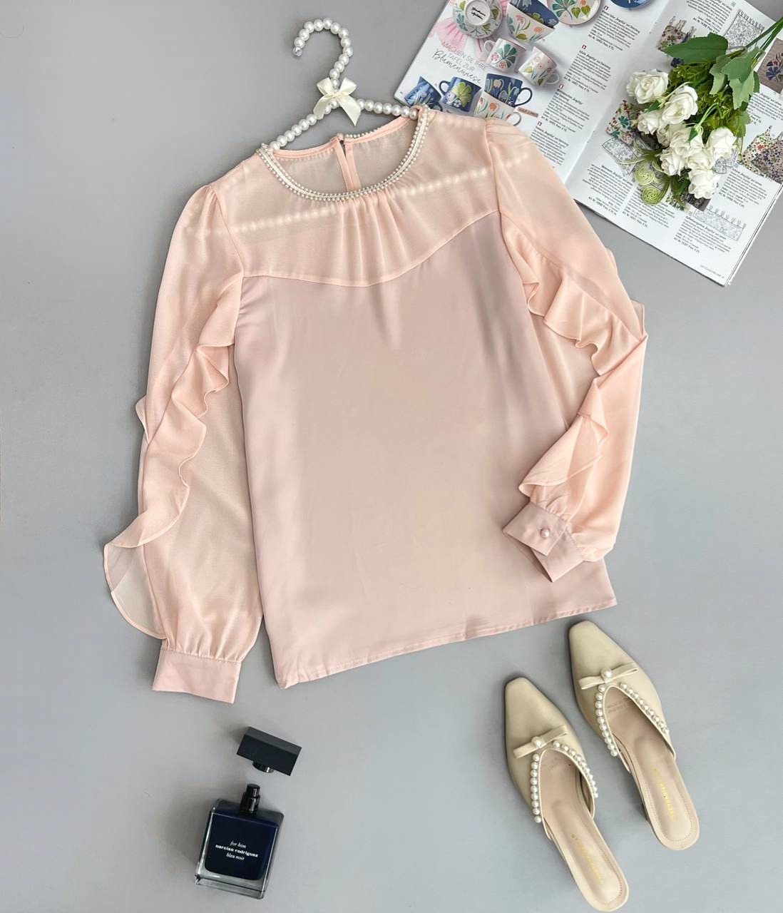 شومیز یقه مروارید آستین چین کد3377