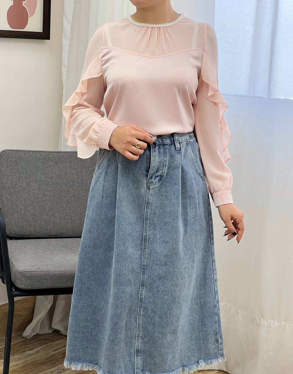 شومیز یقه مروارید آستین چین کد3377