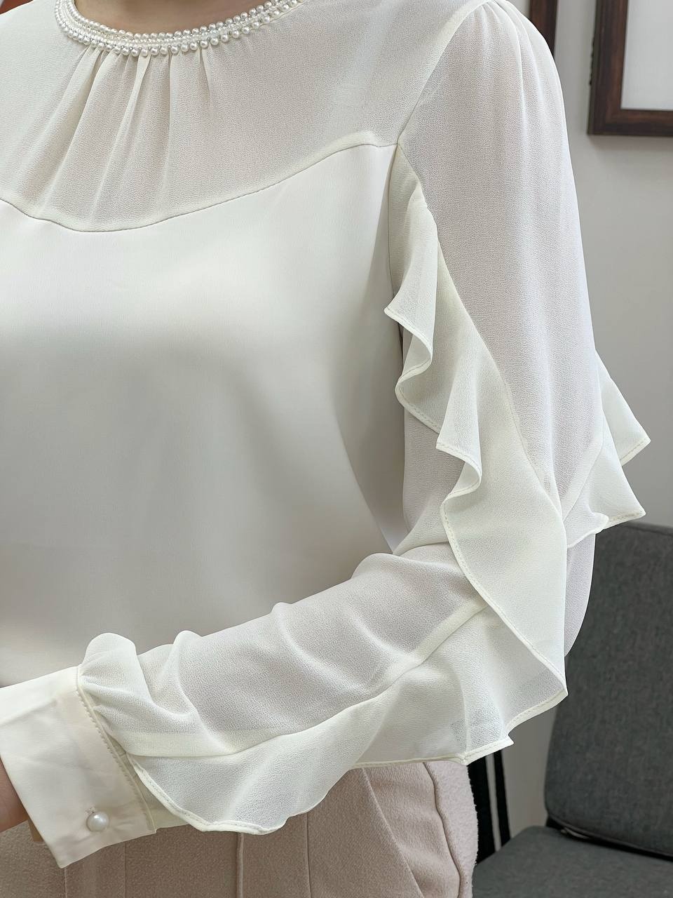 شومیز یقه مروارید آستین چین کد3377