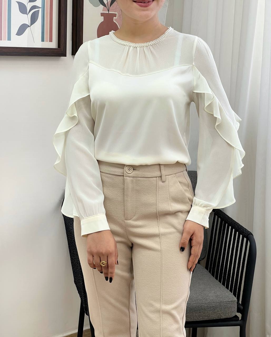 شومیز یقه مروارید آستین چین کد3377