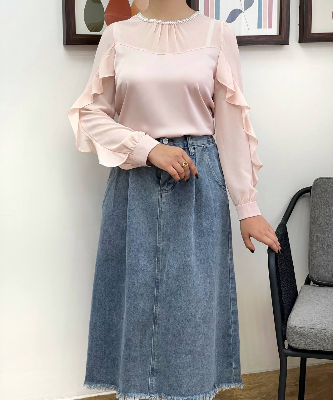 شومیز یقه مروارید آستین چین کد3377