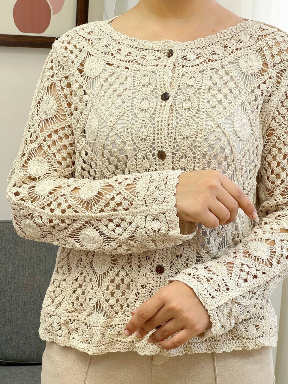 شومیز قلاب بافی جلو دکمه کد 3401