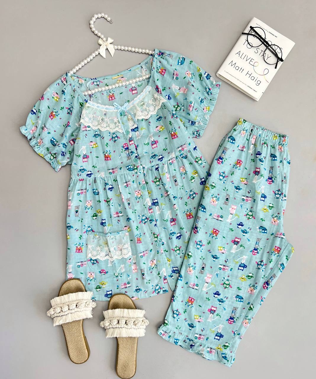 ست بلوز و شلوار نخی جغد کد 3413