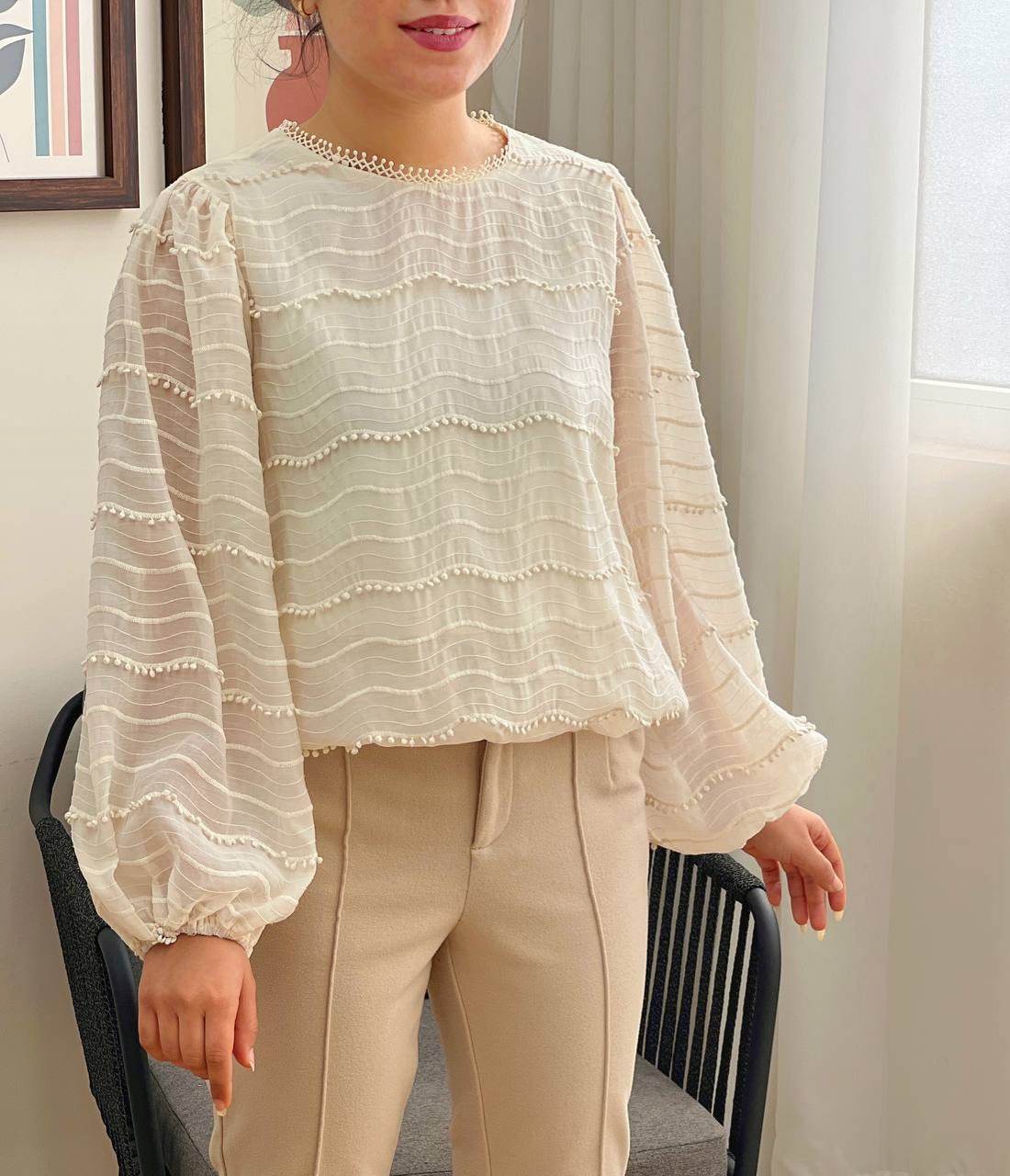 شومیز حریر آستین پف آستردار کد 3415