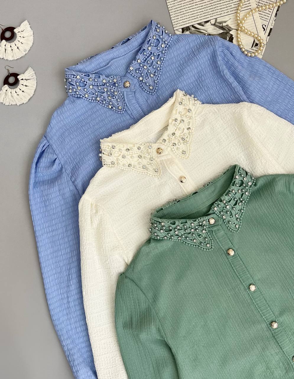 شومیز یقه نگین و مروارید دوزی کد 3416