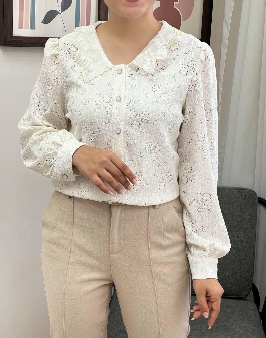 شومیز گل برجسته یقه پولک کد 3417