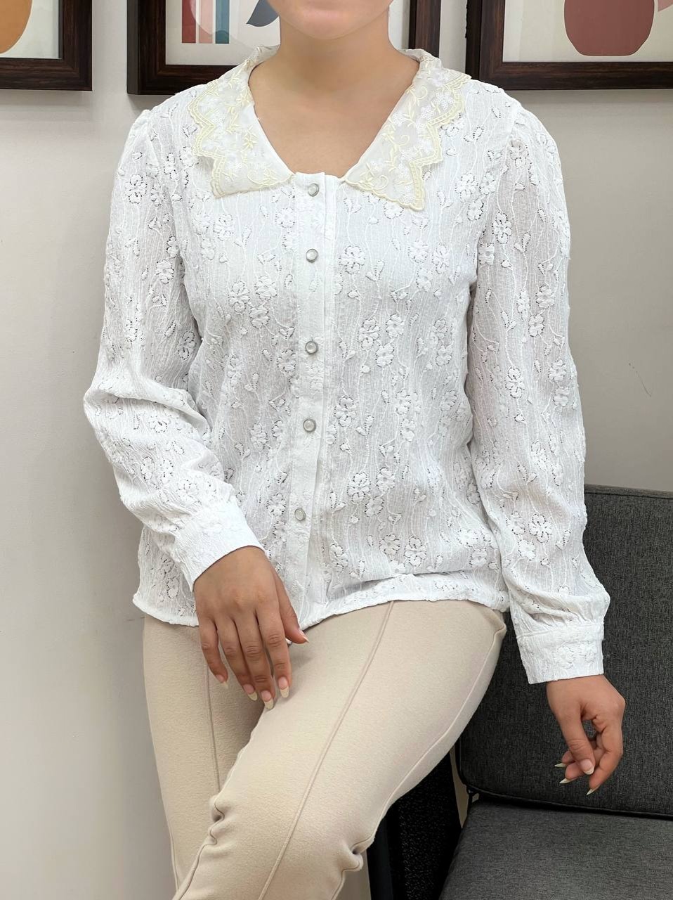 شومیز گل برجسته یقه پولک کد 3417