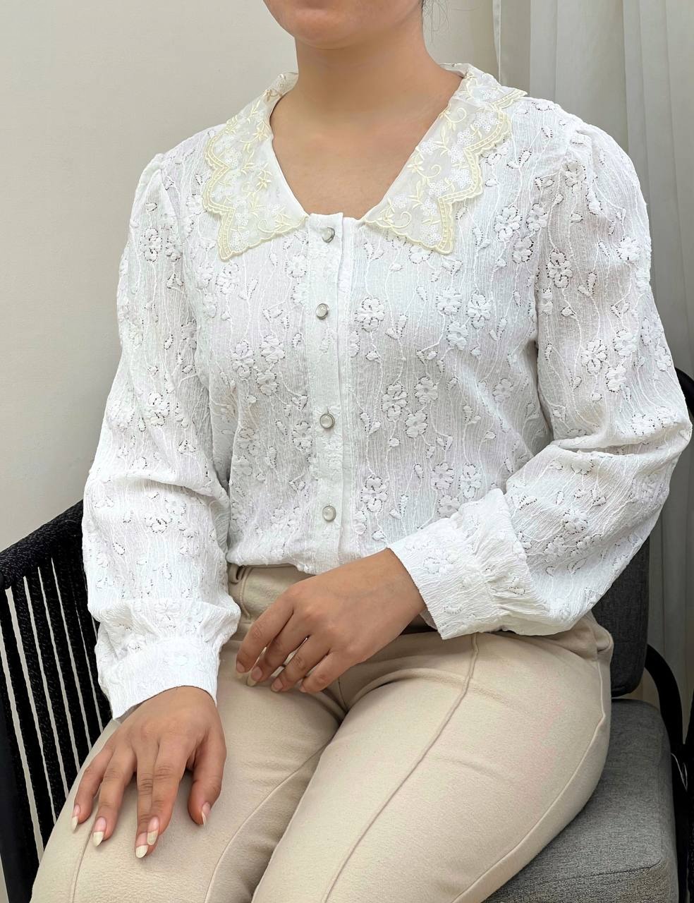 شومیز گل برجسته یقه پولک کد 3417