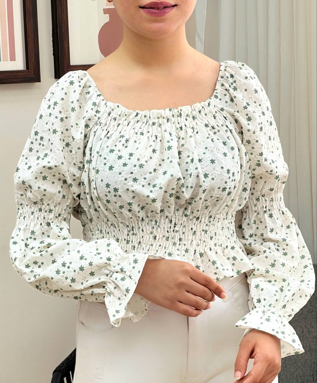 شومیز آستین پف گل ریز مدل 2 کد 3427