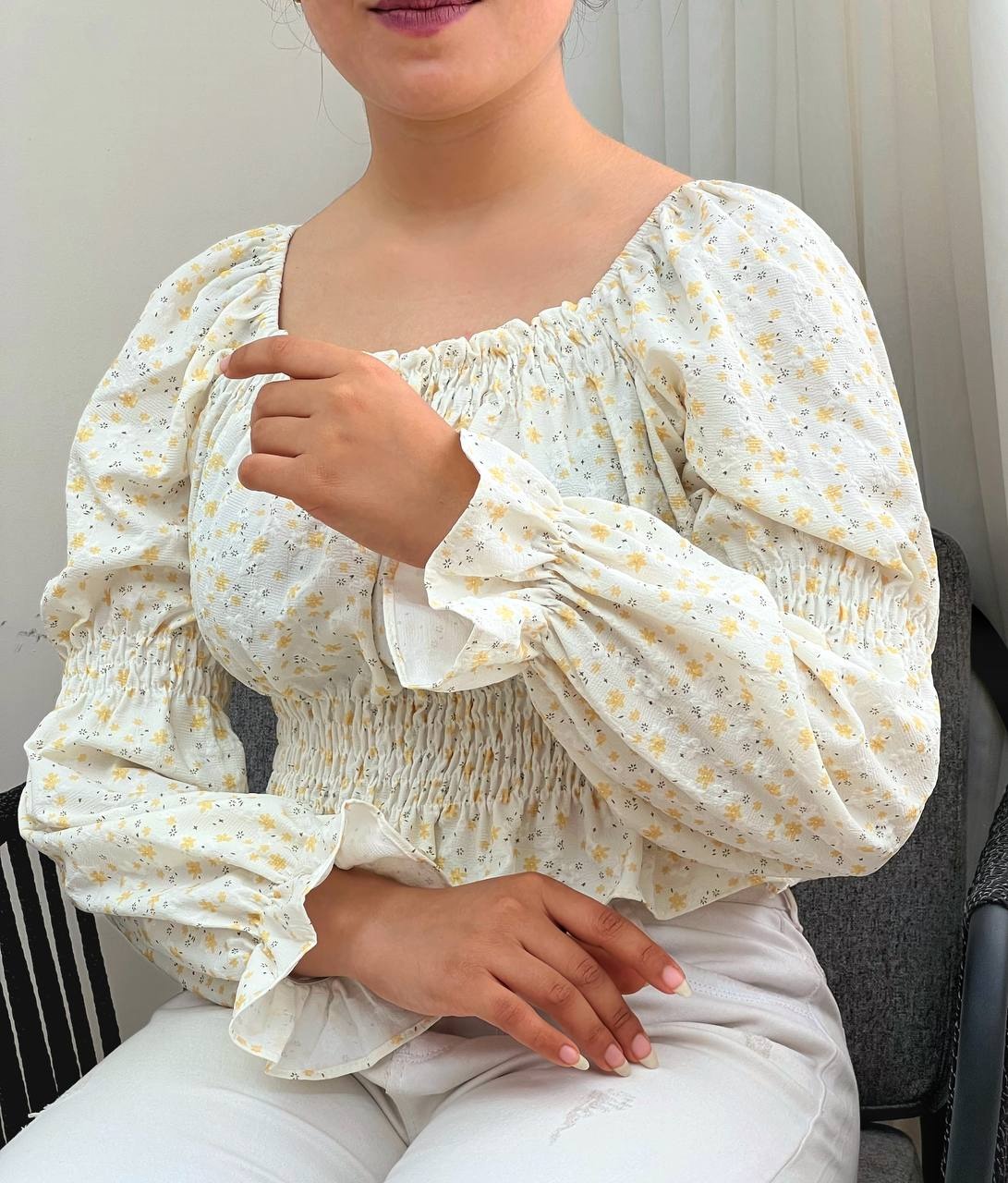 شومیز آستین پف گل ریز مدل 2 کد 3427