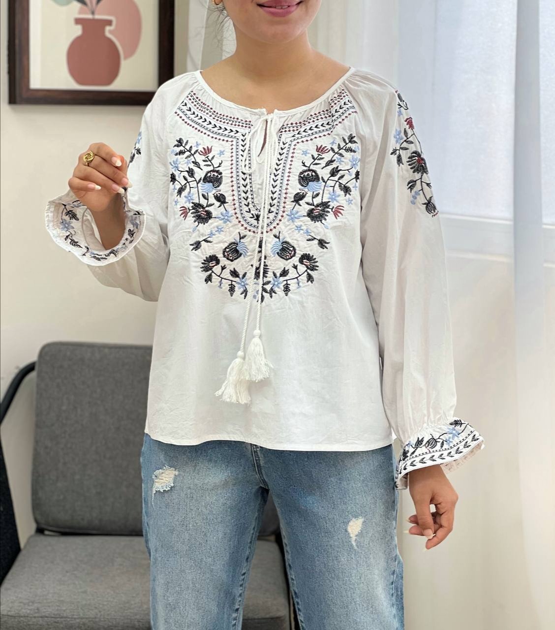 شومیز کتان نخ تمام گلدوزی کد 3454