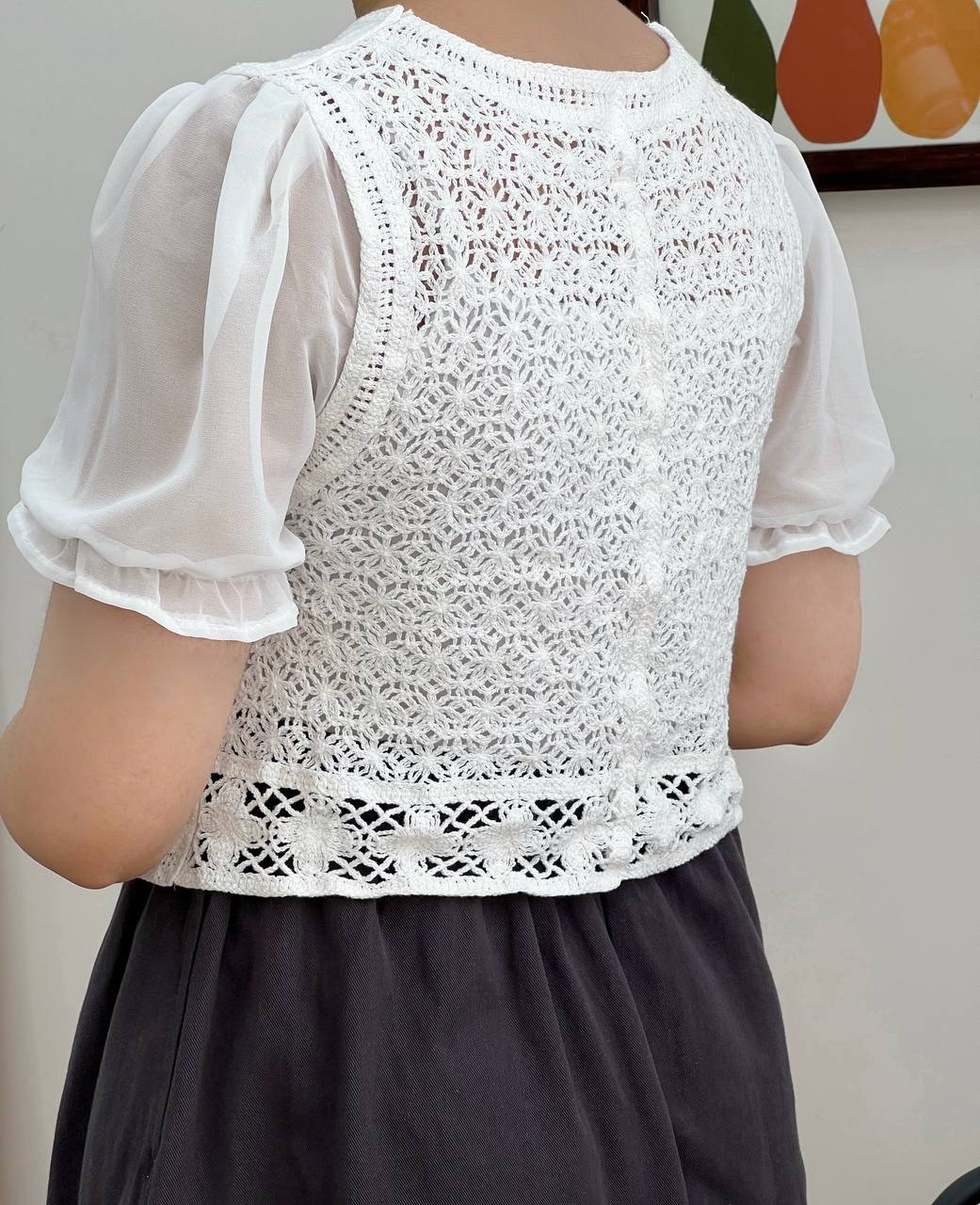 بلوز آستین پف قلاب بافی کد 3458