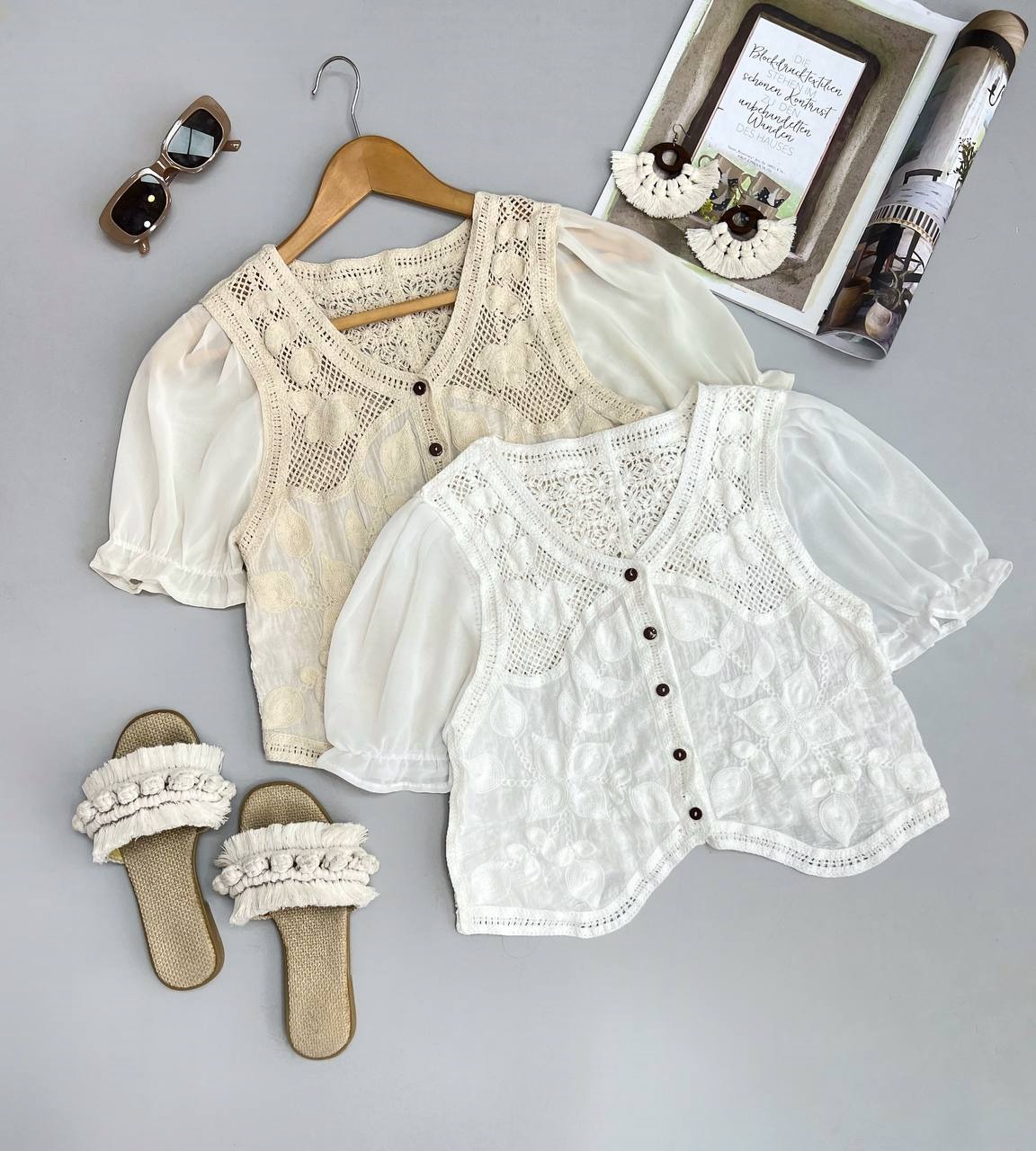 بلوز آستین پف قلاب بافی کد 3458