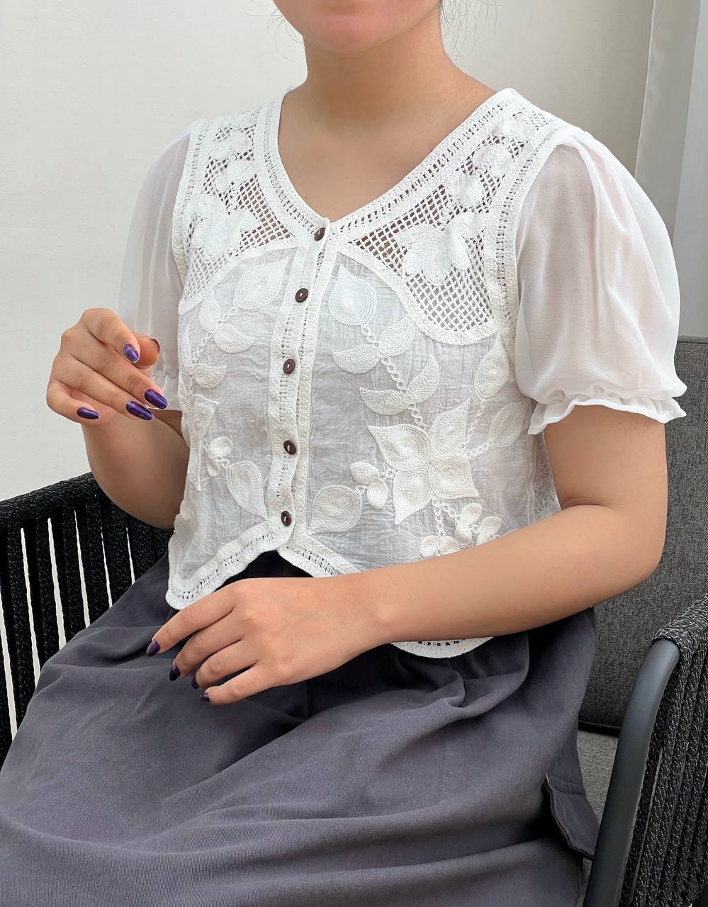 بلوز آستین پف قلاب بافی کد 3458