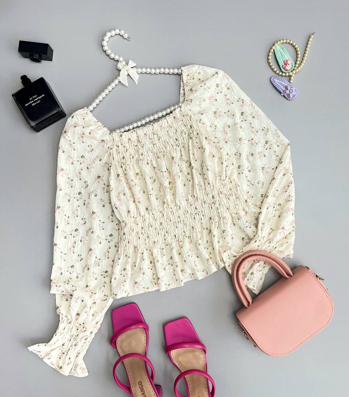 شومیز آستین پف گل ریز مدل 3 کد 3464