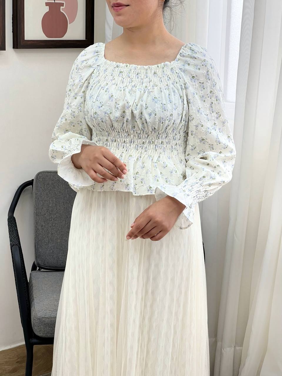 شومیز آستین پف گل ریز مدل 3 کد 3464