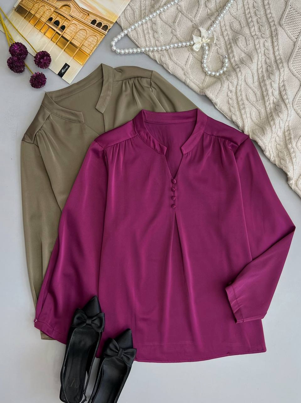 شومیز ساتن سرشانه چین کد 3537