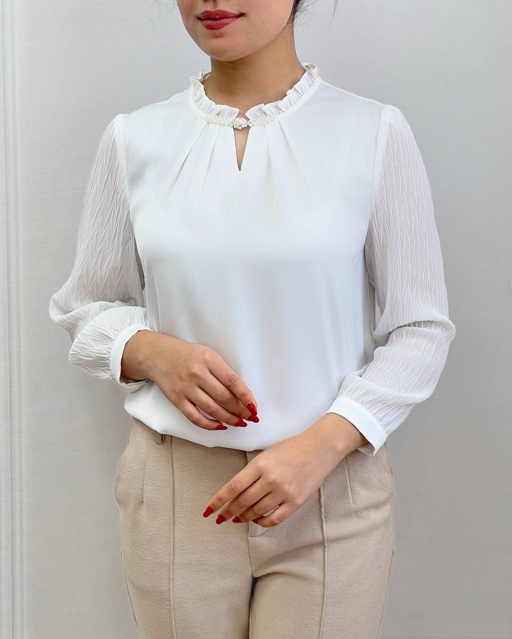 شومیز دکمه مروارید آستین پلیسه کد 3538