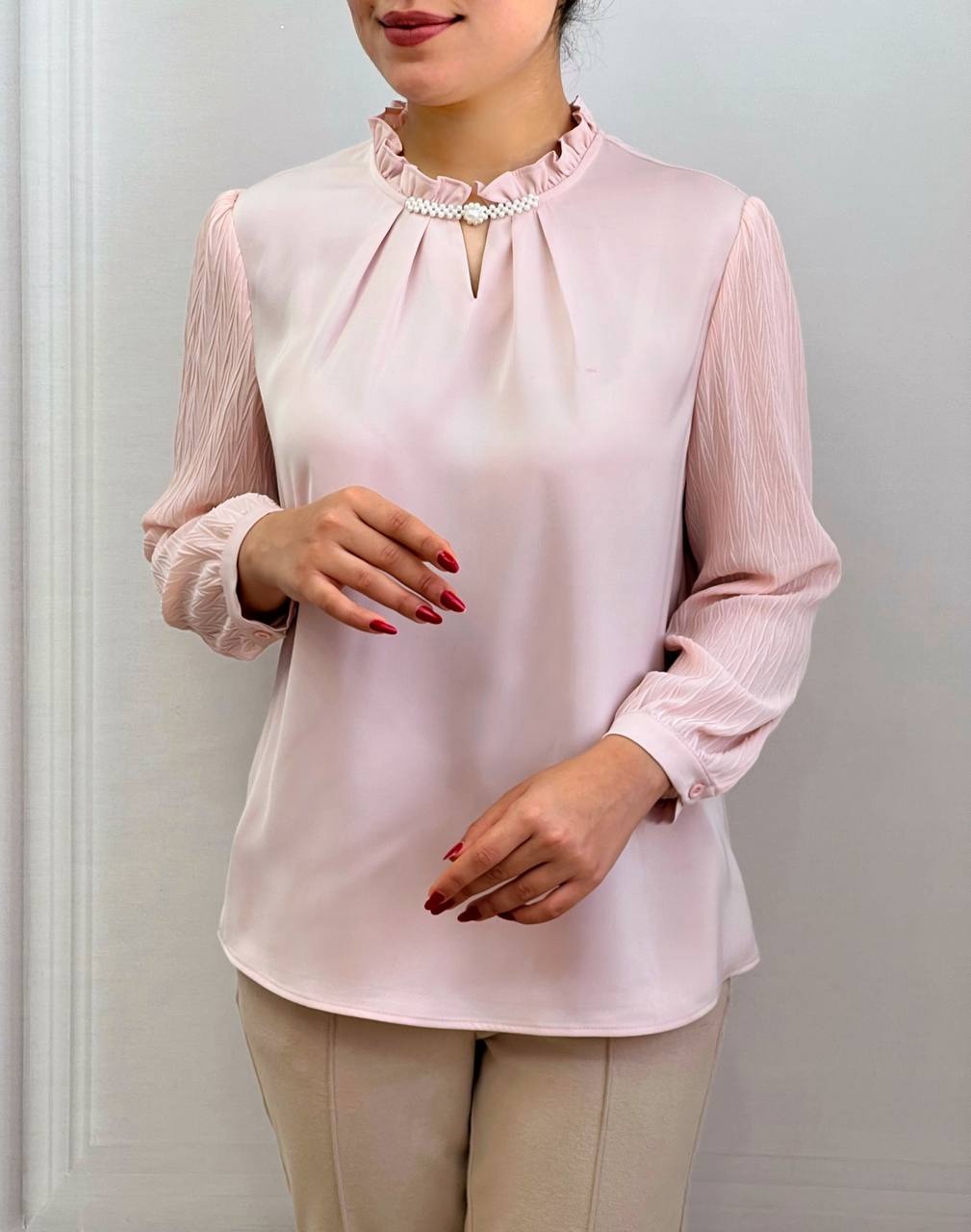 شومیز دکمه مروارید آستین پلیسه کد 3538