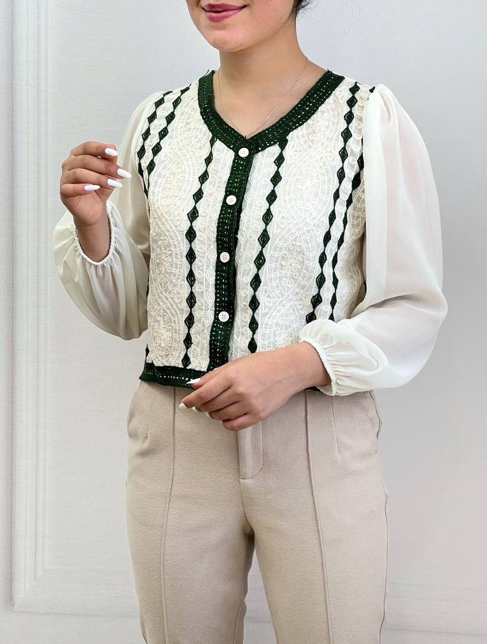 شومیز قلاب بافی استین حریر کد 3545