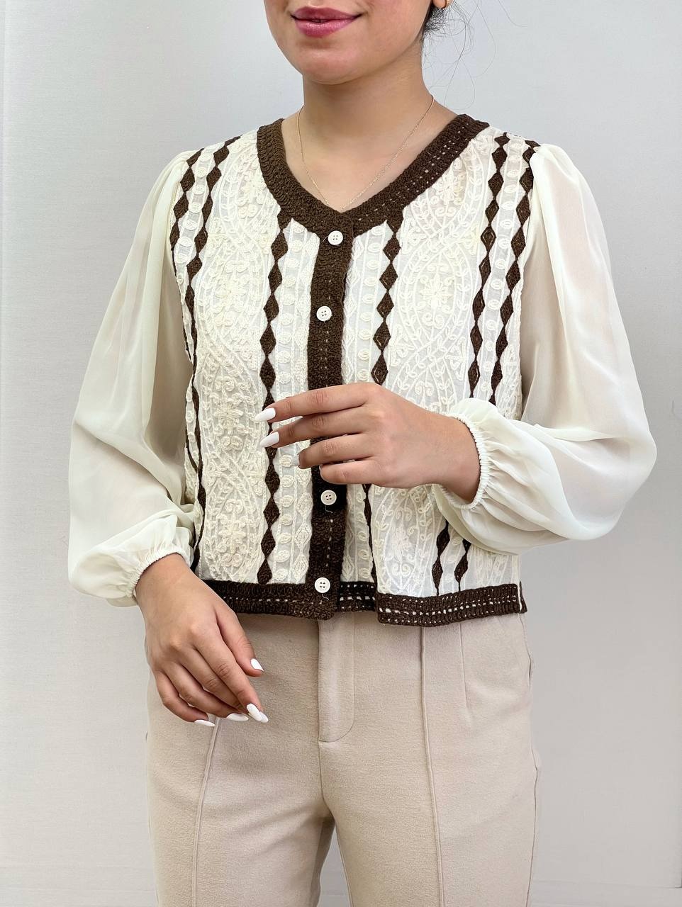 شومیز قلاب بافی استین حریر کد 3545