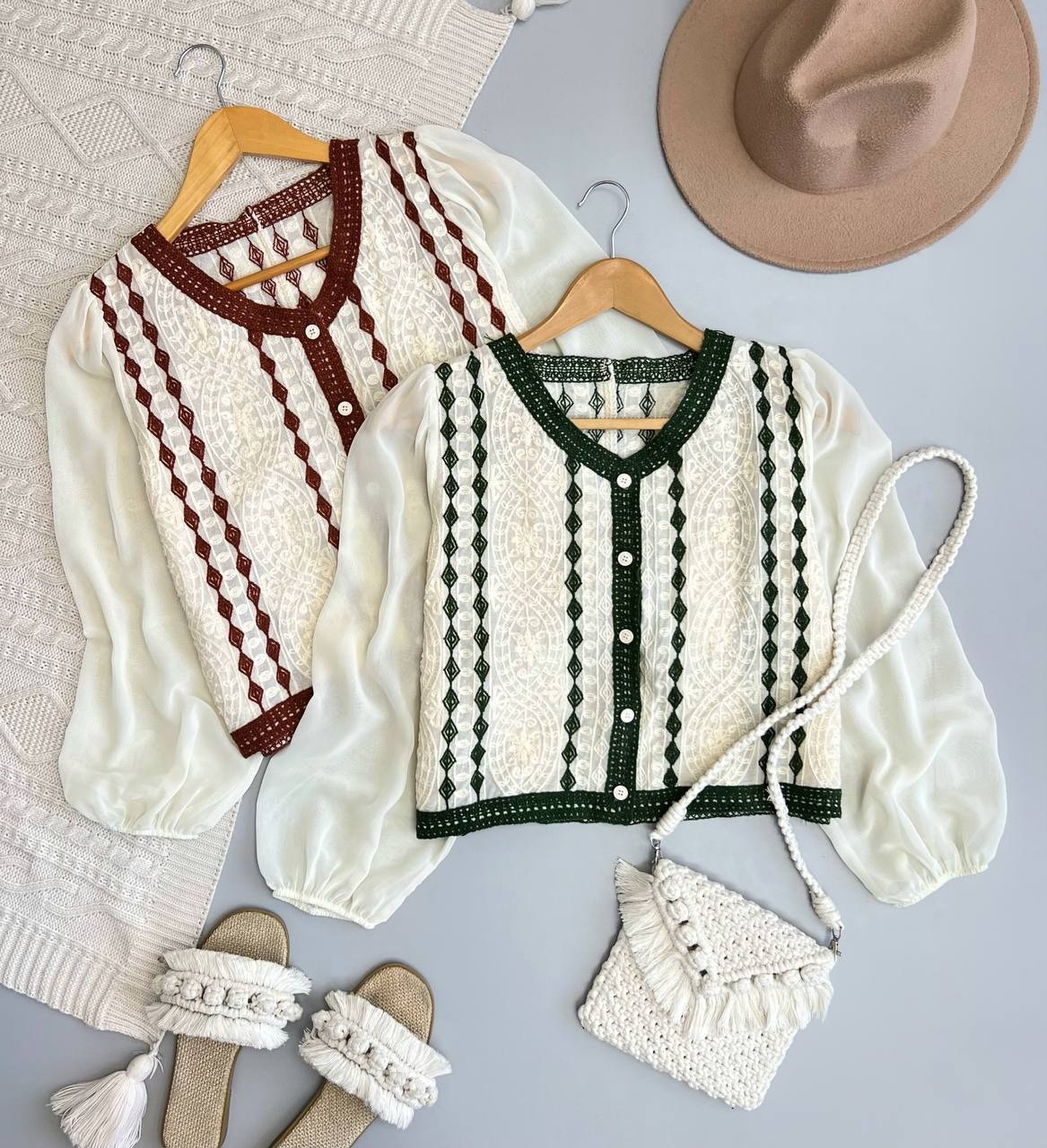 شومیز قلاب بافی استین حریر کد 3545