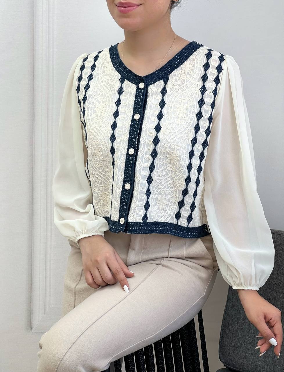 شومیز قلاب بافی استین حریر کد 3545