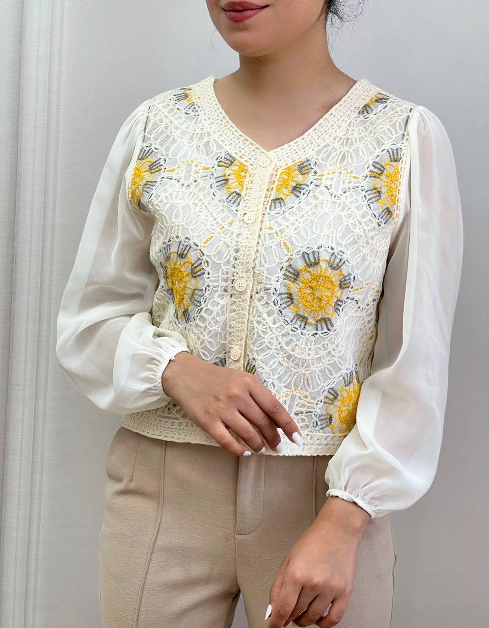 شومیز قلاب بافی استین حریر مدل 2 کد 3555