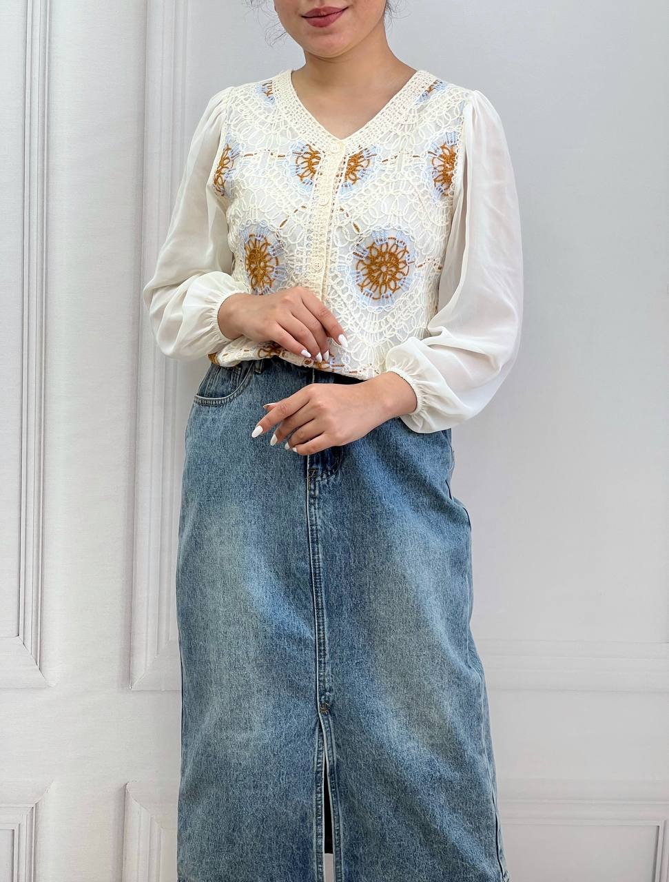 شومیز قلاب بافی استین حریر مدل 2 کد 3555