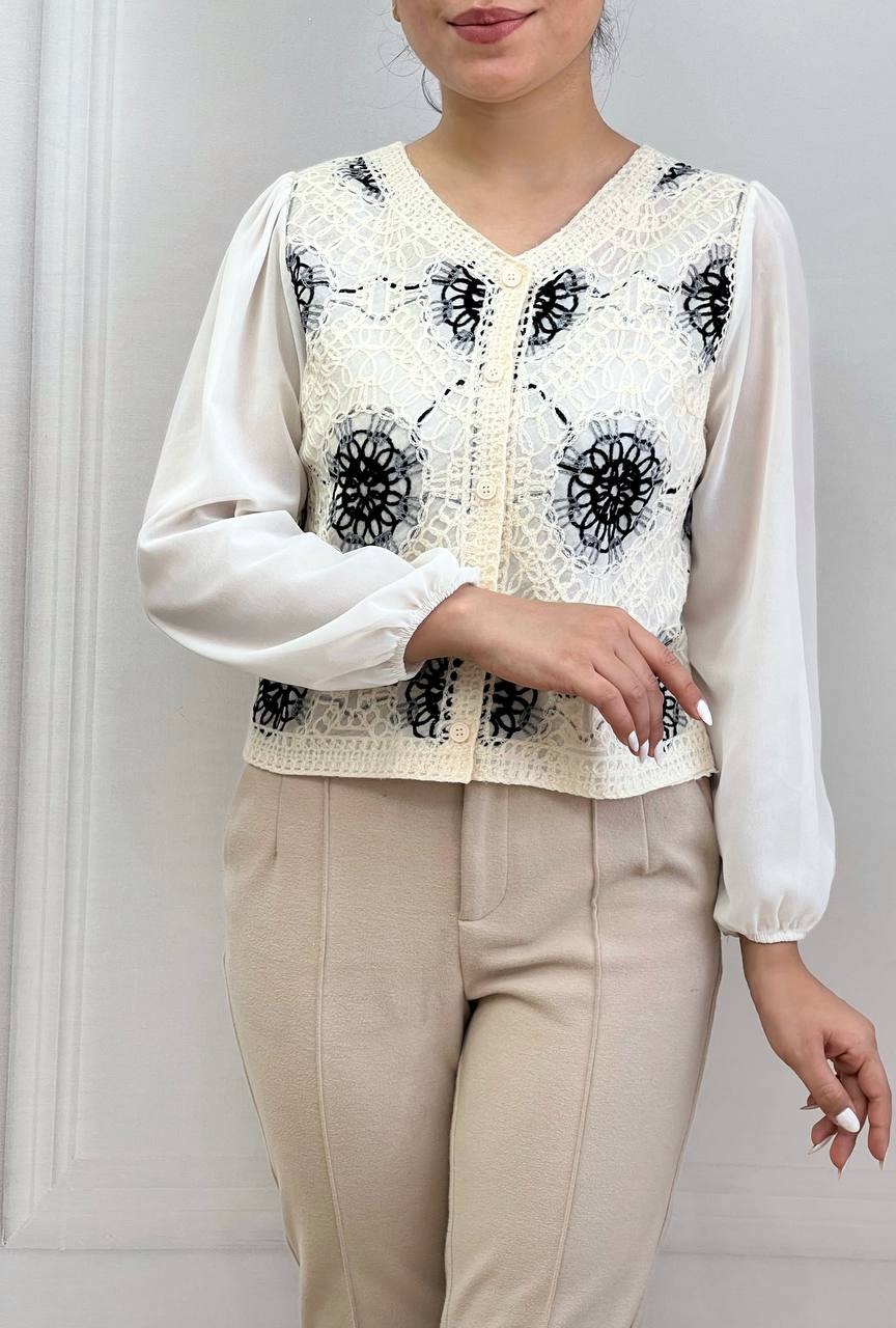 شومیز قلاب بافی استین حریر مدل 2 کد 3555