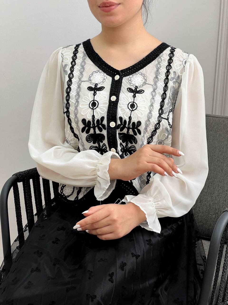 شومیز قلاب بافی آستین حریر مدل 3 کد 3564