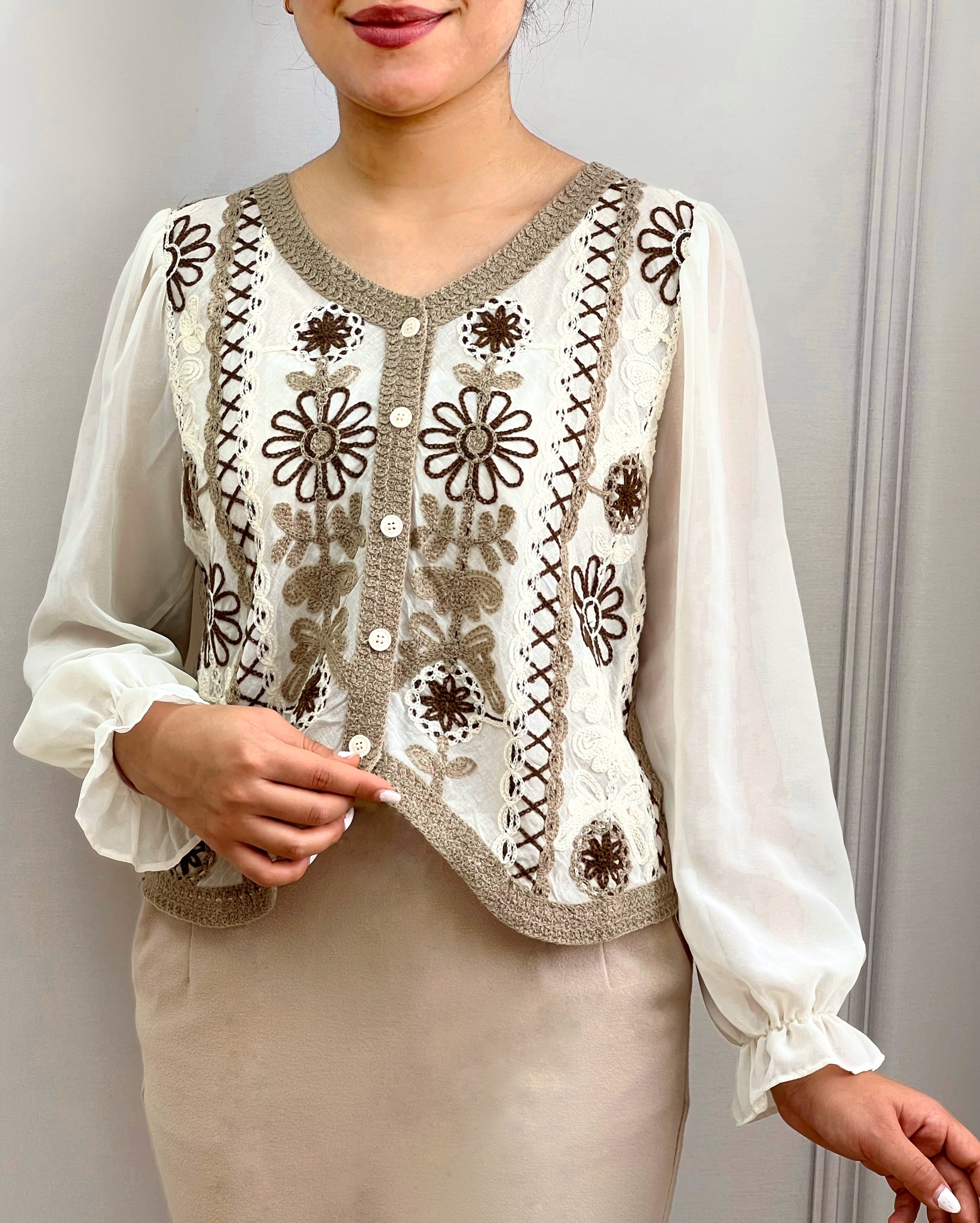 شومیز قلاب بافی آستین حریر مدل 3 کد 3564