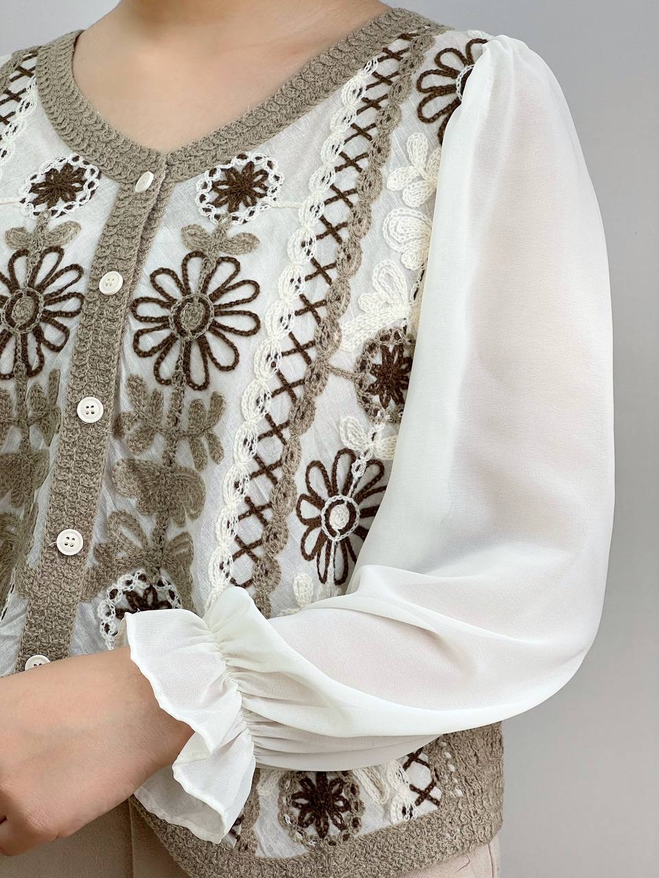 شومیز قلاب بافی آستین حریر مدل 3 کد 3564