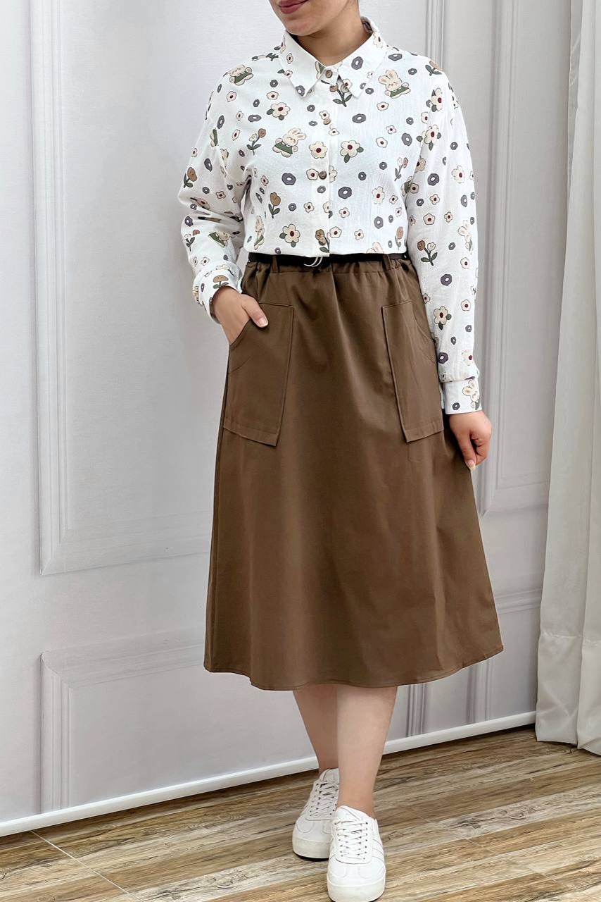 دامن کتان کمربنددار کد 3573