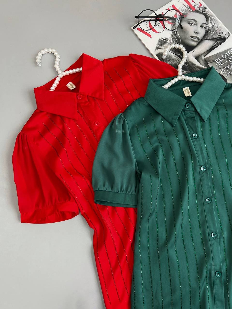 شومیز نگین کاری شده دو رنگ کد 3586