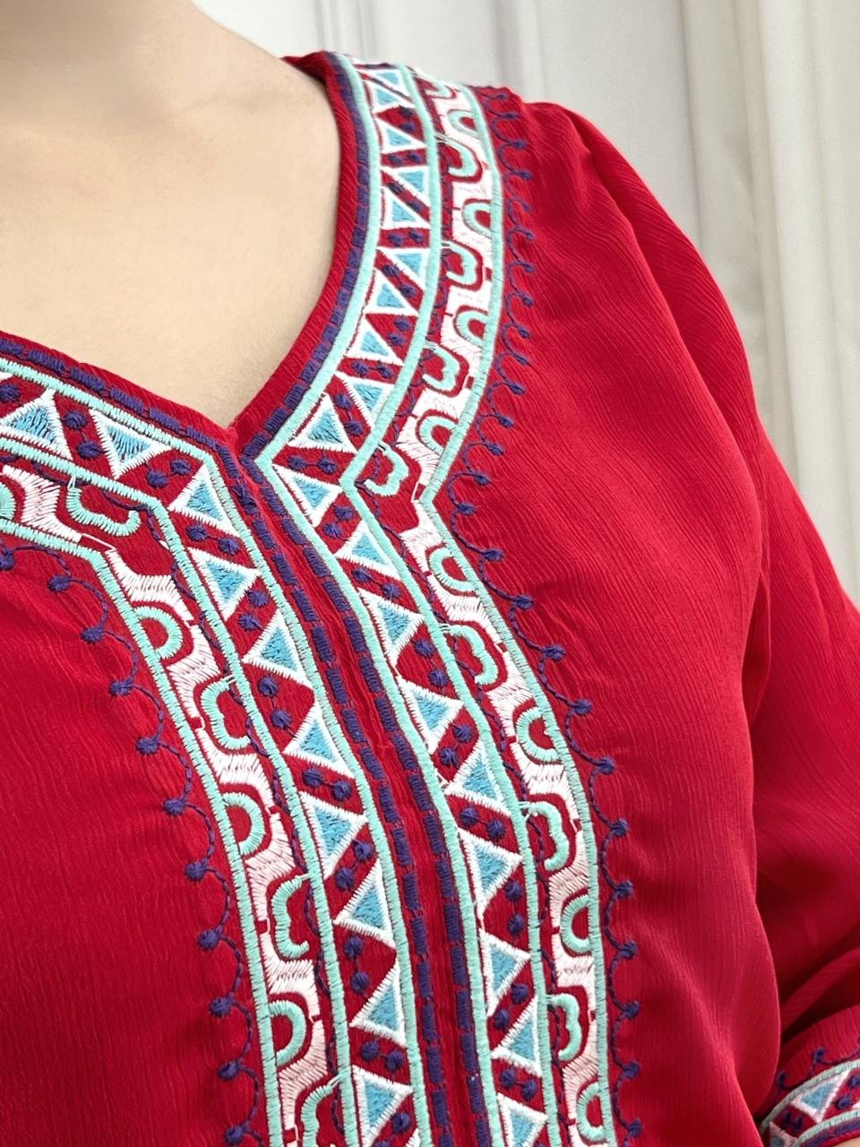 پیراهن بلند گلدوزی قرمز کد 3587