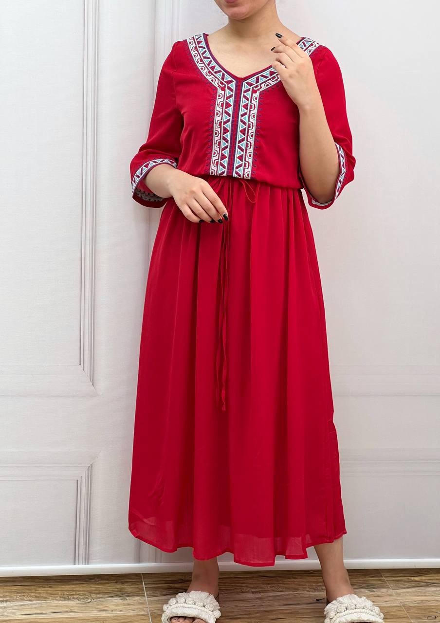 پیراهن بلند گلدوزی قرمز کد 3587