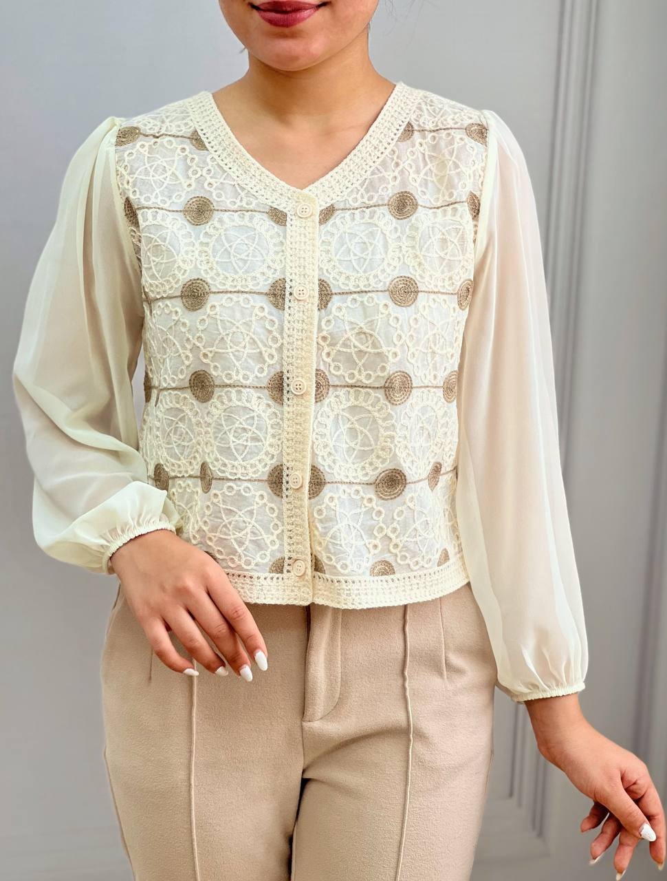 شومیز قلاب بافی آستین حریر مدل 4 کد 3589