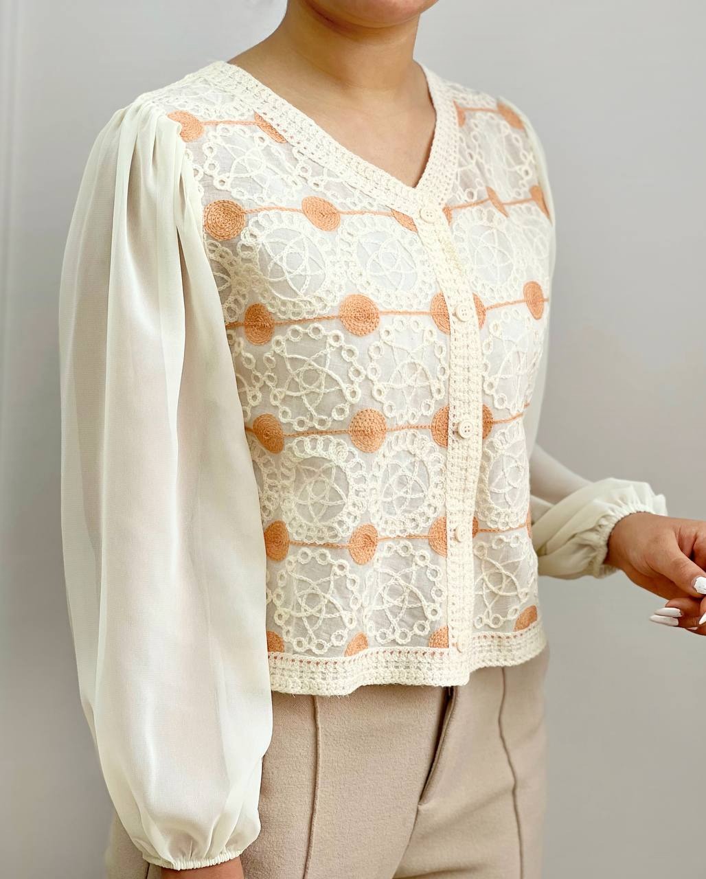 شومیز قلاب بافی آستین حریر مدل 4 کد 3589