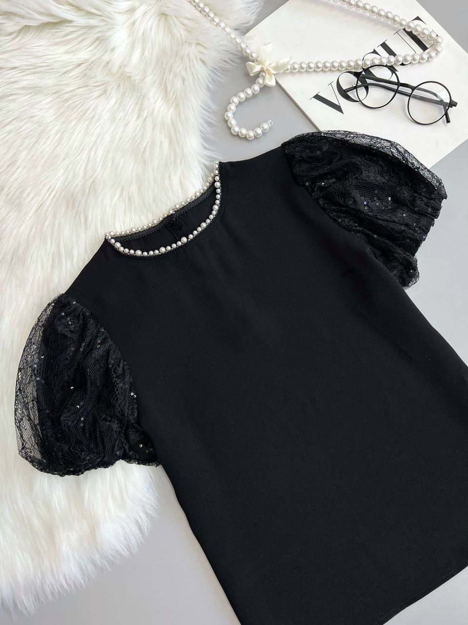 شومیز کرپ آستین پف پولک کد 3595