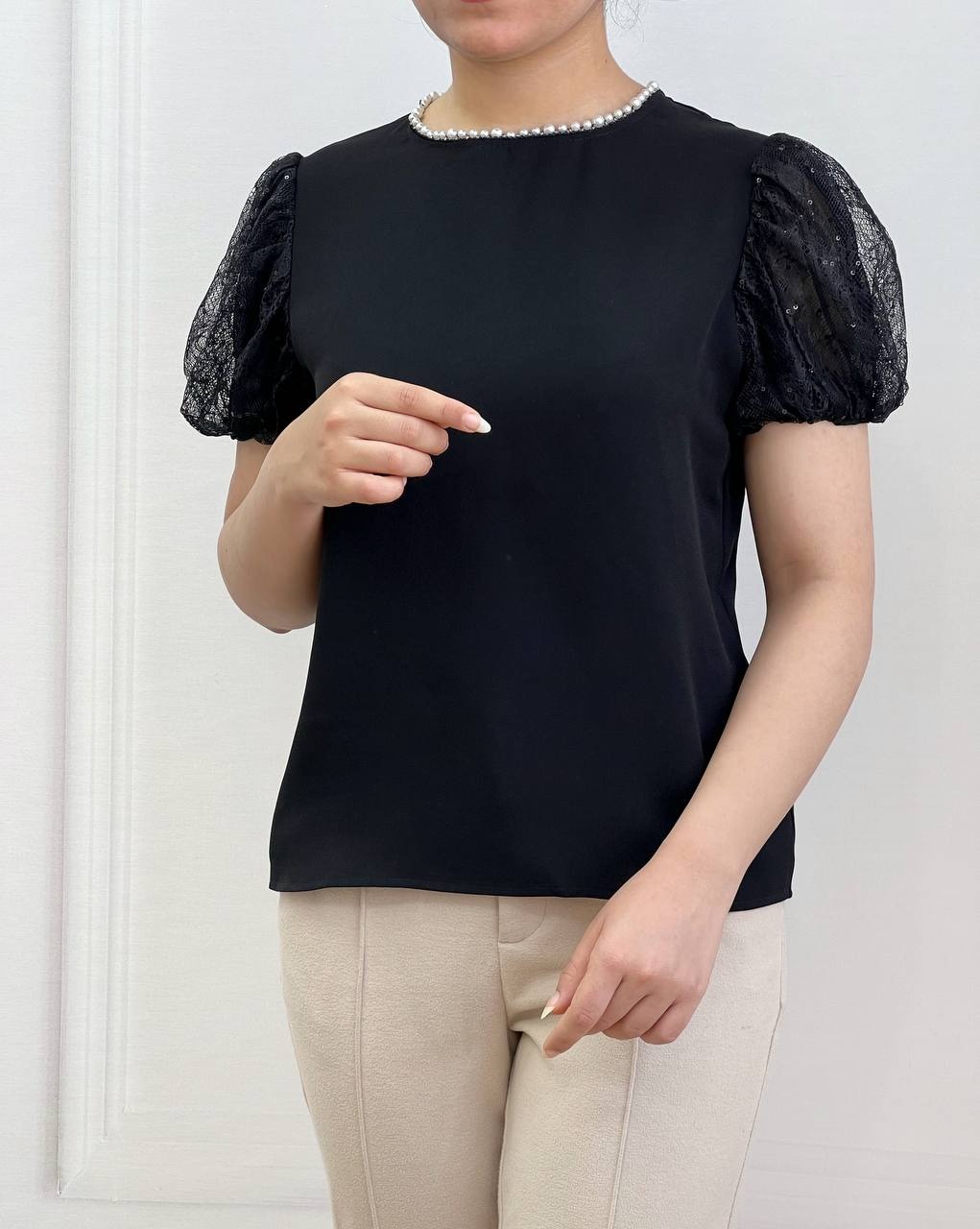 شومیز کرپ آستین پف پولک کد 3595