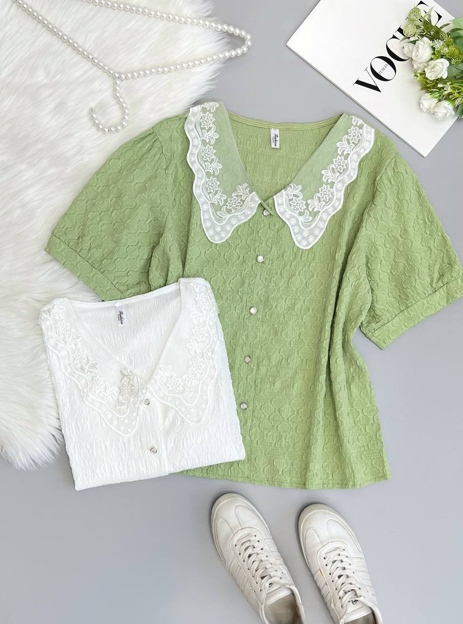 شومیز دو رنگ یقه دانتل کد 3599