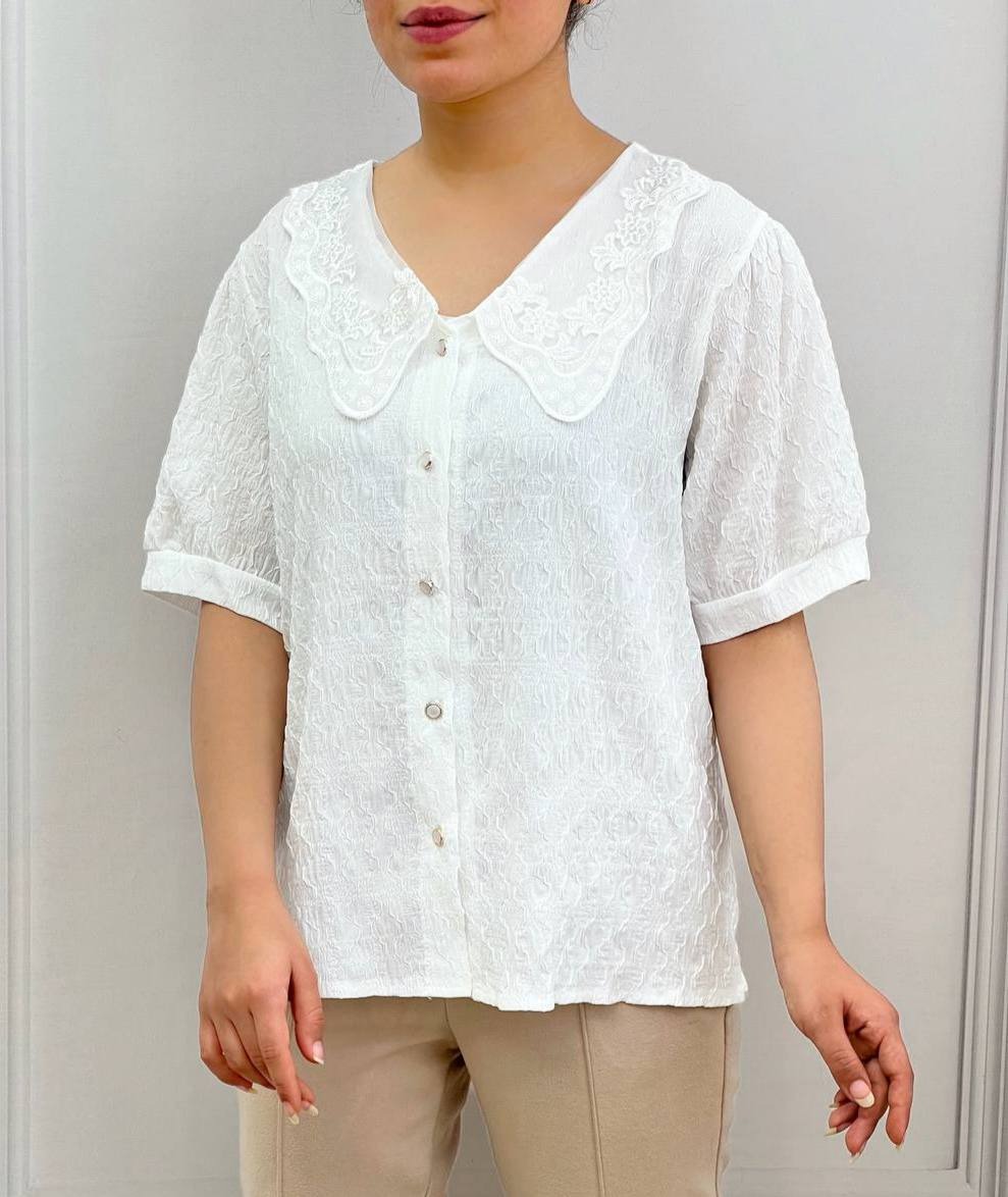 شومیز دو رنگ یقه دانتل کد 3599