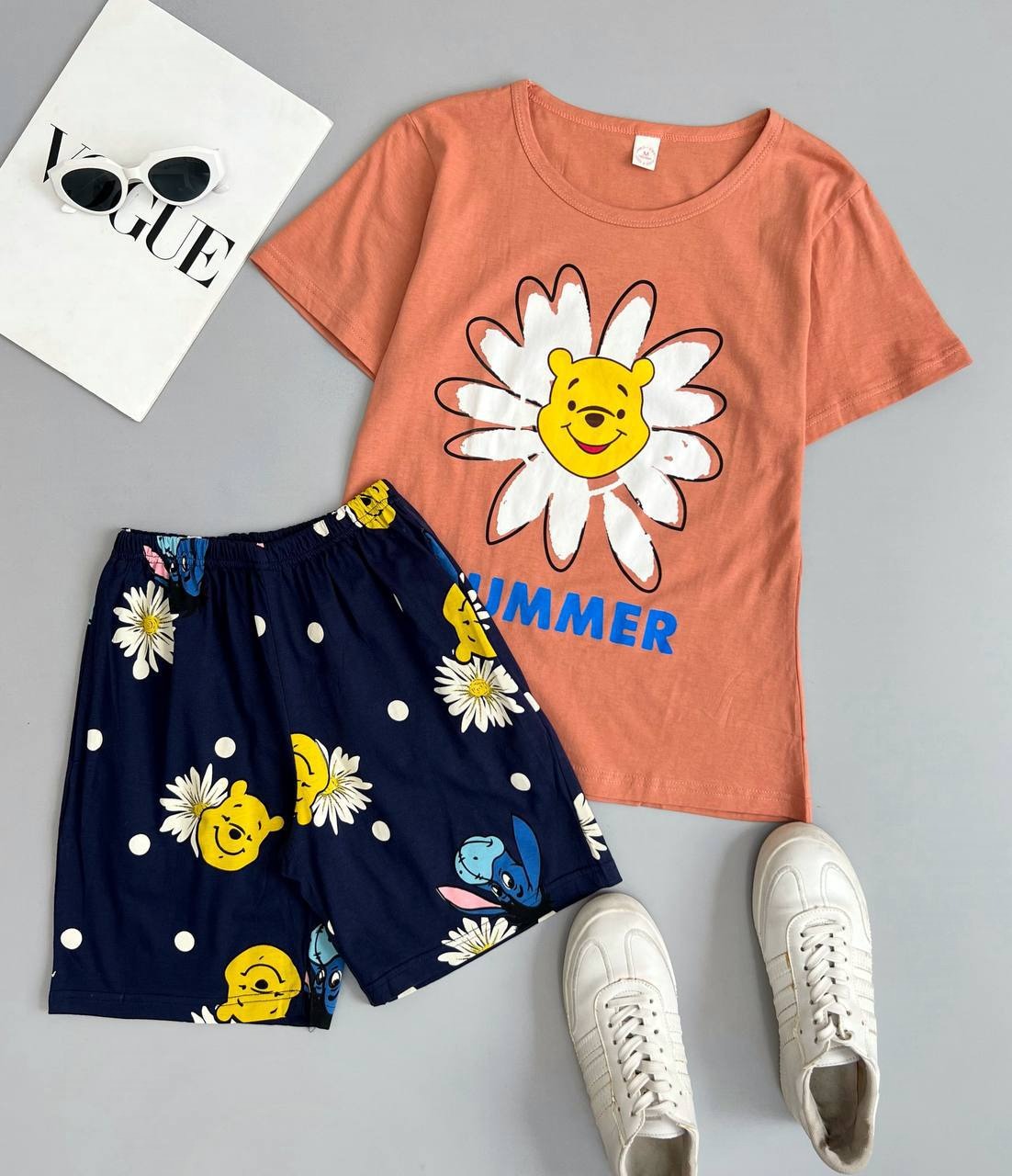 ست بلوز و شلوارک نخ و پنبه بابونه کد 3603