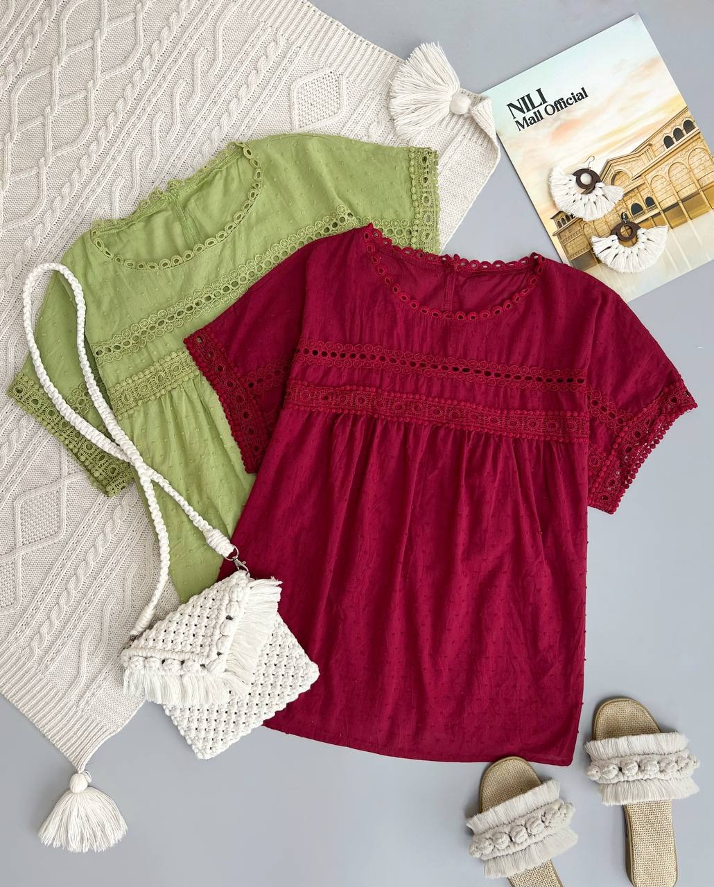 شومیز نخ توپی با نوارای دانتل کد 3614