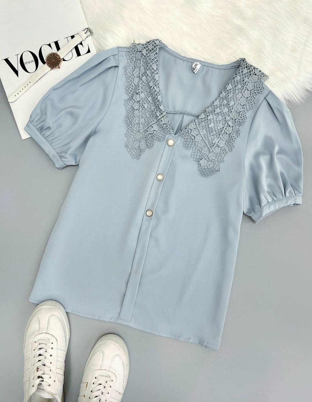 شومیز تکرنگ یقه دانتل کد 3693